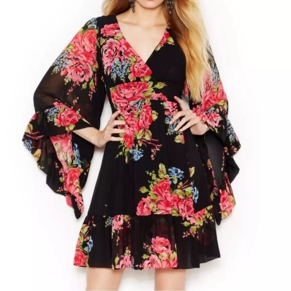 Betsey Johnson Dresses & Skirts - Betsey Johnson Bambi Black Floral Bell Sleeve Ruffle Mini Dress‎ Size 2 Festival